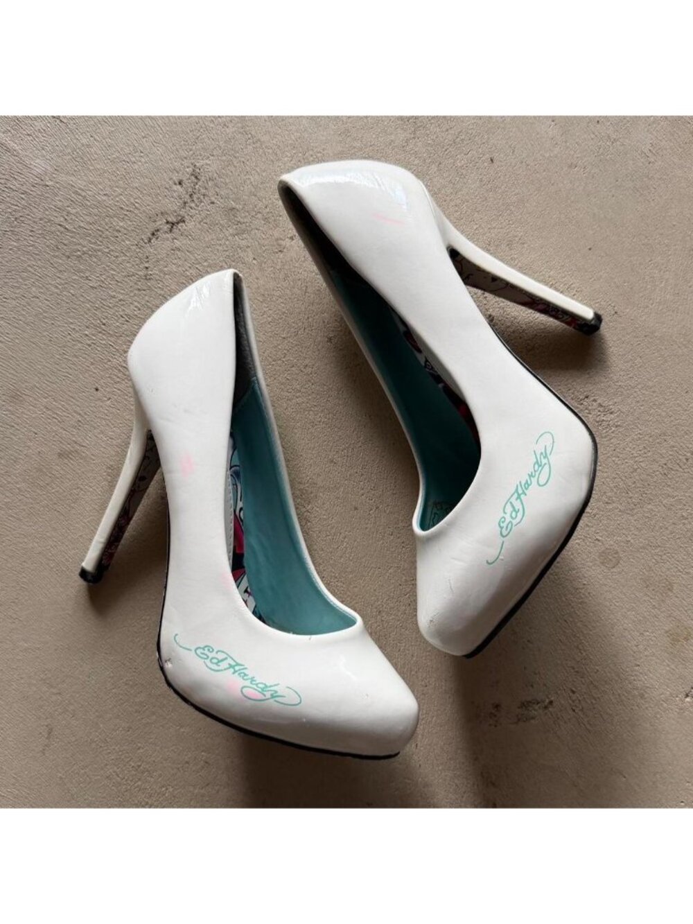 y2k ed hardy white patent leather heels